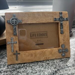 Tan and Silver Life Echoes Cross Photo Frame